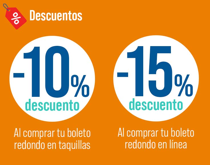 10 y 15% de descuento al comprar tu boleto redondo en línea.